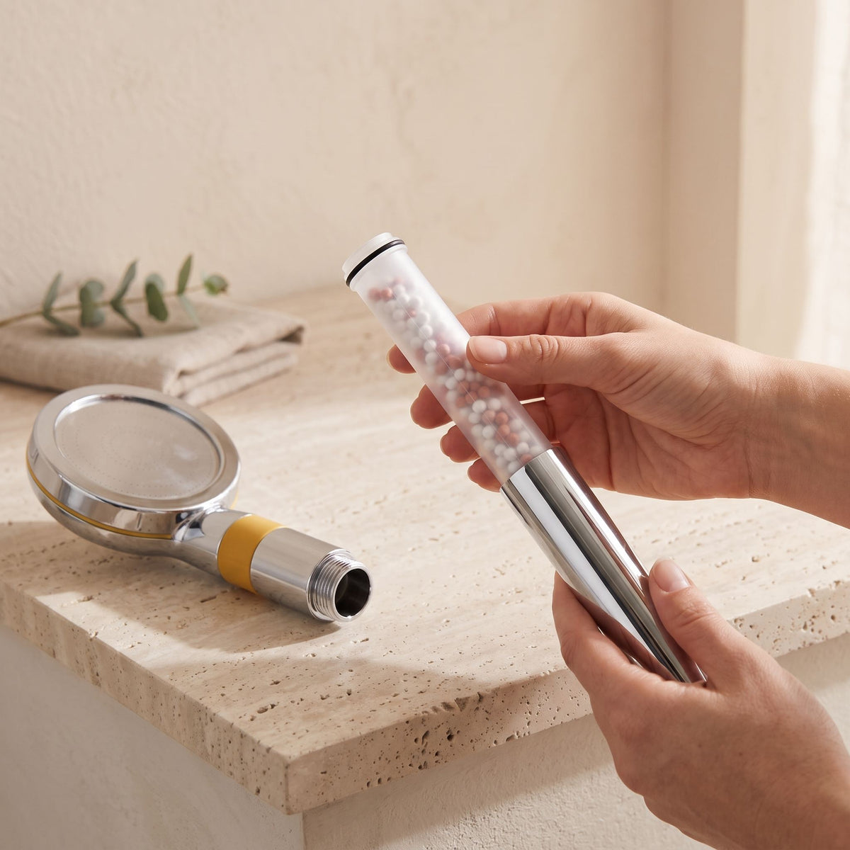 Illustration: a hand sliding a refill cartridge into the open Driftrain chrome handle (AI-made image)