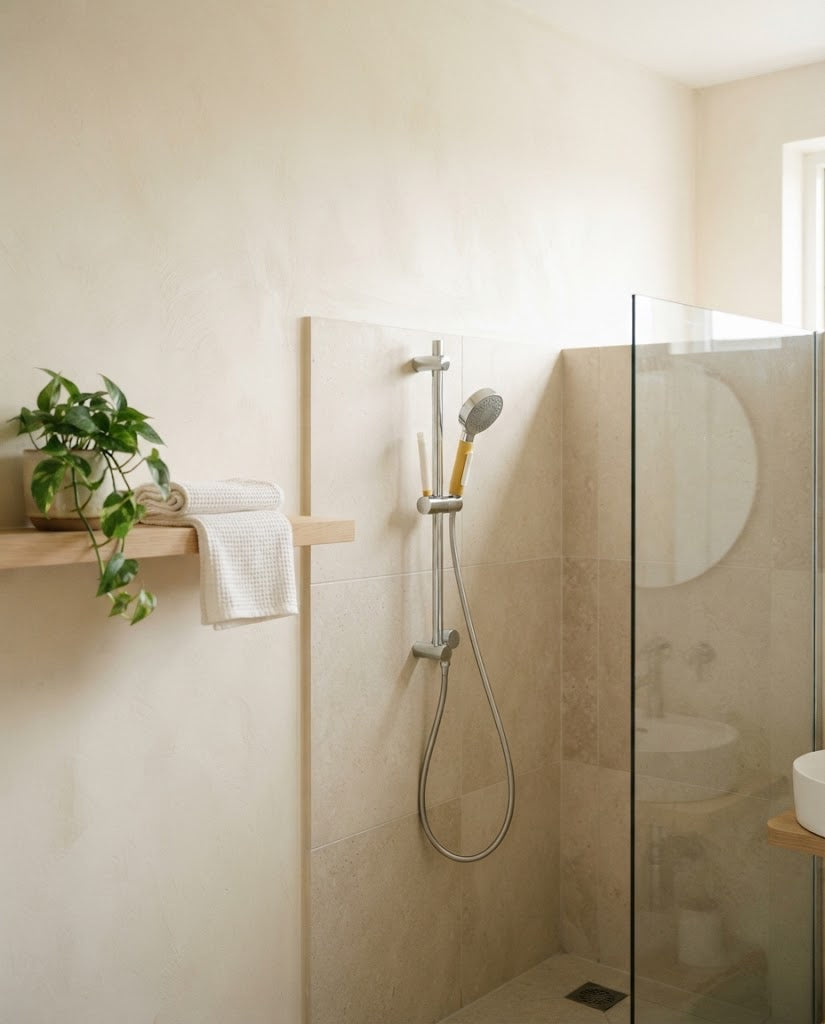 A bright bathroom with the Driftrain handheld shower head on the wall
