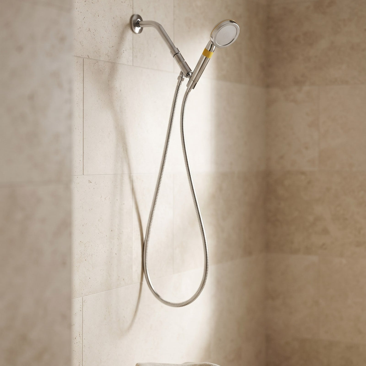 Illustration: the handheld resting in the bracket on the shower arm, hose looped below (AI-made image)