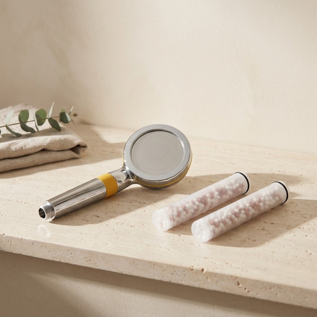 Illustration: the Driftrain handheld with 2 spare cartridges on a travertine bathroom ledge (AI-made image)